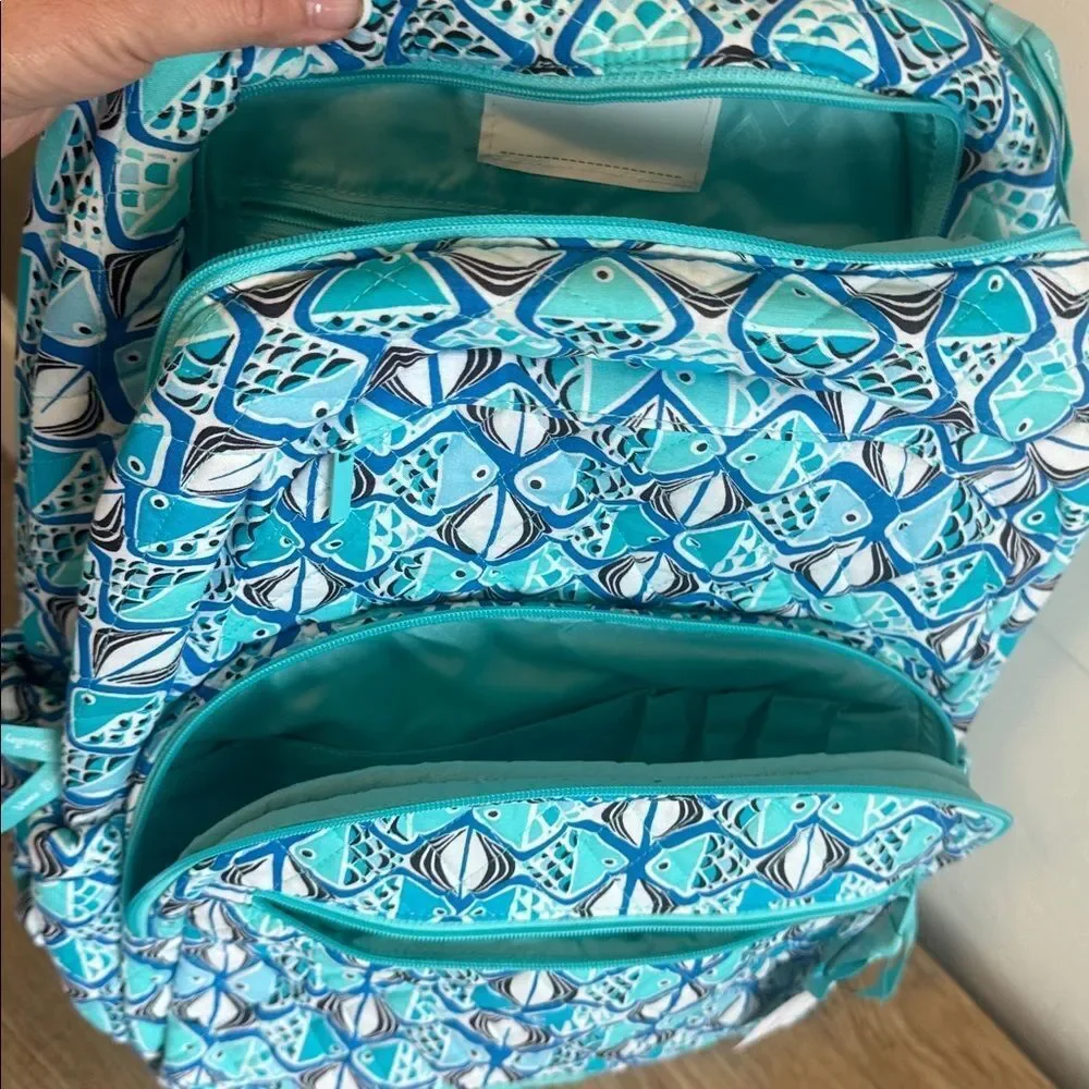 Vera Bradley Go Fish Blue Patterned Quilted Large Essential Travel Backpack NWT
